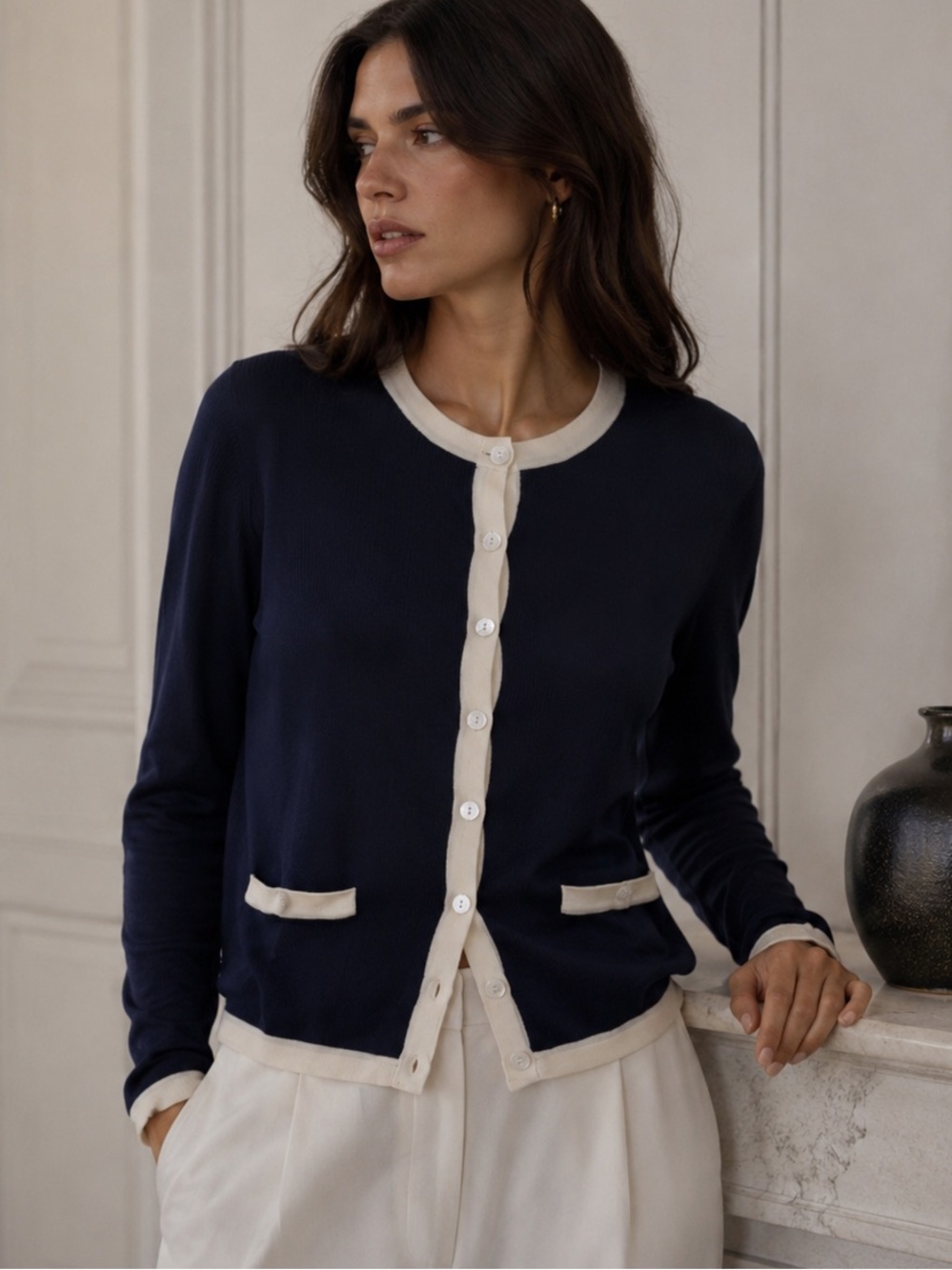 Vintage Talbots Silk Cardigan Navy Medium P Classic Preppy Office Minimalist